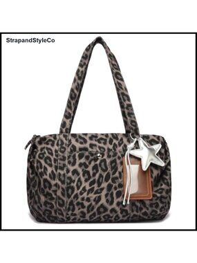 Leopard Print Canvas Shoulder Bag Y2K Aesthetic Boston Purse